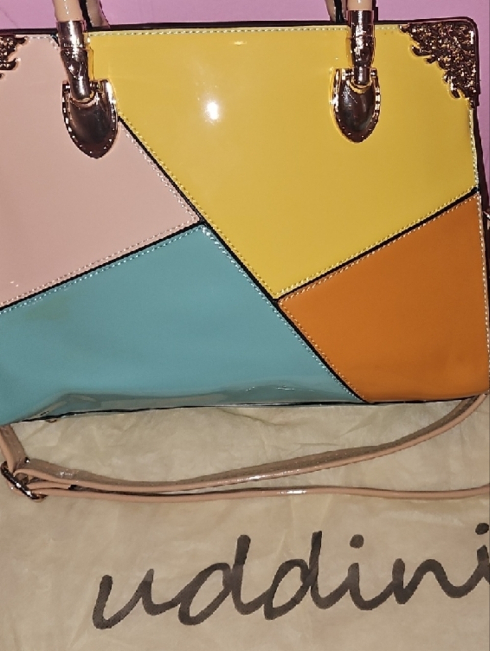Colorblock Patent Leather Tote — Yellow, Teal & Tan - Picture 12 of 12